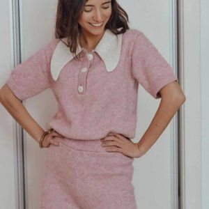 ZARA Pink Knit Playsuit Contrast White Collar Ribbed Trim BNWT